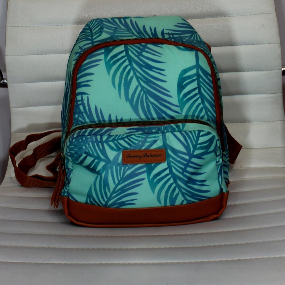 Tommy Bahama Green Leaves Brown woman travel boho backpack 11"x 9" x 6.5"
